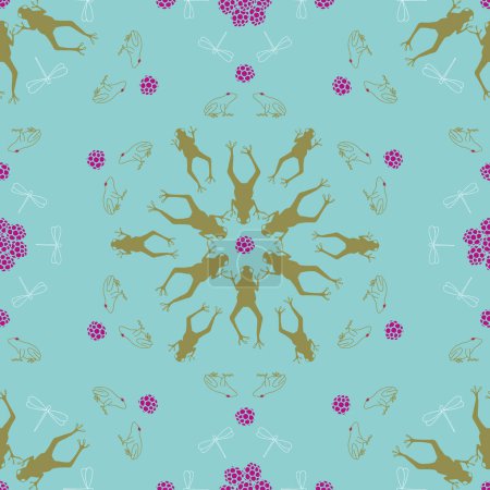 Vector seamless pattern background: Froggish Ballet. Green frogs dancing aquatic ballet and forming funny mandalas with outlined dragonflies and pink buds. Part of By The Pondside collection.