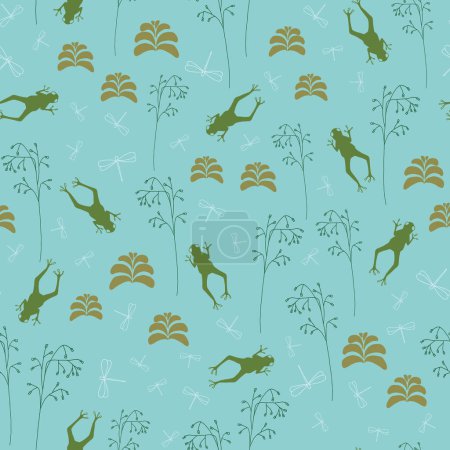 Fondo de patrón sin costura vectorial: Spring Medley. Ranas verdes saltando entre hierbas delicadas, hojas y libélulas esbozadas. Parte de la colección By The Pondside.