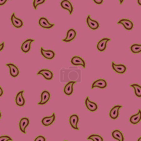 Vektornahtloser Musterhintergrund: Tiny Tossed Paisley. Dieses niedliche Foulard-Muster zeigt leuchtend rosa und grüne Paisley-Tröpfchen in einem verworfenen Arrangement. Teil der Sammlung Paisley Positions.