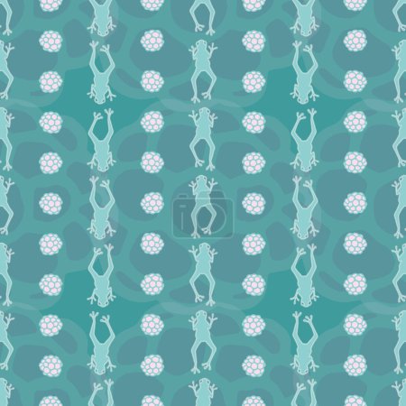 Vector seamless pattern background: Single File Frogs. Frogs swimming in vertical lines, with pale berries between the rows, in front of a water-like background. Part of By The Pondside collection.