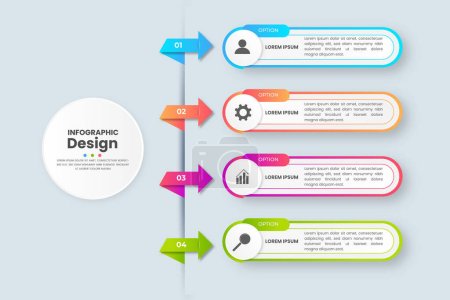 plantilla de infografías de negocios. Cronología con 4 pasos, etiquetas e iconos de marketing. Ilustración vectorial.