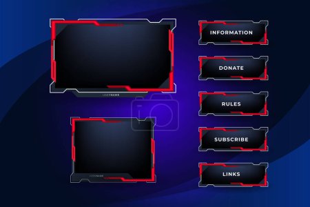 Illustration for Live stream gaming el,Dark theme gaming video template with game screen, live chat and webcam frames. Panels buttons and donation bar vector set - Royalty Free Image