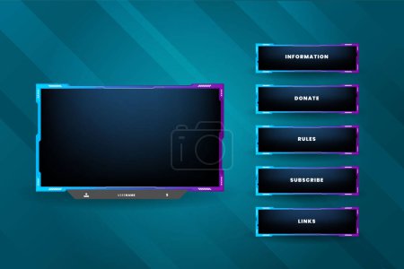 Illustration for Live stream gaming el,Dark theme gaming video template with game screen, live chat and webcam frames. Panels buttons and donation bar vector set - Royalty Free Image