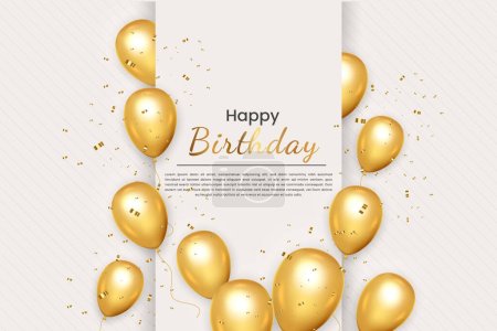Illustration for Happy birthday horizontal illustration with 3d realistic golden  air balloon on white background with text and glitter confetti - Royalty Free Image