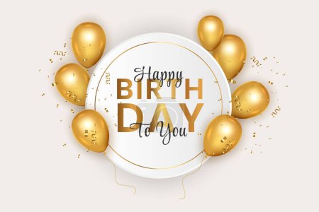 Alles Gute zum Geburtstag horizontale Illustration mit 3D realistischen goldenen Luftballon auf weißem Hintergrund mit Text und Glitzerkonfetti