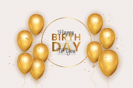 Happy birthday horizontal illustration with 3d realistic golden  air balloon on white background with text and glitter confetti