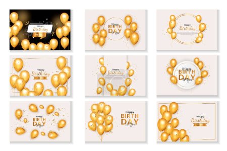 Téléchargez les illustrations : Joyeux anniversaire illustration horizontale avec ballon à air doré réaliste 3d sur fond blanc avec texte et confettis paillettes - en licence libre de droit