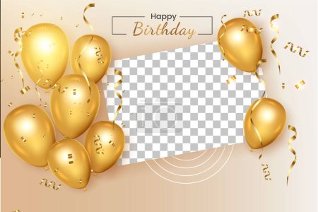 Birthday frame with Realistic  golden balloon set with golden confetti 