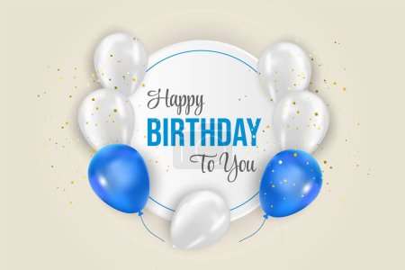 Glückwunsch zum Geburtstag Illustration mit 3D realistischen blauen Luftballon auf weißem Hintergrund mit Text und Glitzerkonfetti