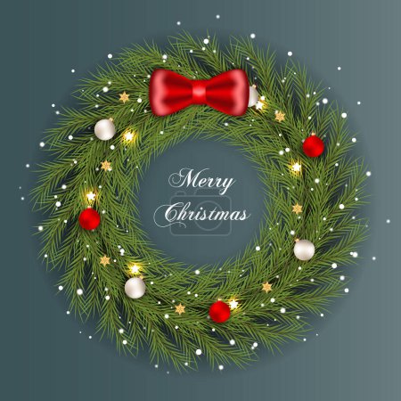 Ilustración de Feliz Navidad corona y Navidad tarjeta de vacaciones plantilla de diseño con bola de Navidad, rama de pino, y flexión de nieve - Imagen libre de derechos