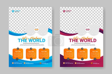 Téléchargez les illustrations : Modèle de flyer de voyage et conception de flyer d'agence de voyage avec les détails de contact et de lieu - en licence libre de droit