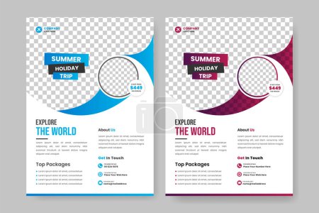 Ilustración de Plantilla de diseño de folleto de viaje y diseño de plantilla de folleto de agencia de viajes con detalles de contacto y lugar - Imagen libre de derechos