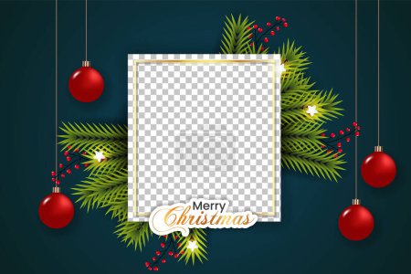 Illustration for Christmas photo frame and Christmas frame  with pine branch Christmas ball and star - Royalty Free Image
