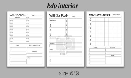 Illustration for Daily weekly monthly planner kdp template. Minimalist planner pages templates. Daily planner journal template - Royalty Free Image