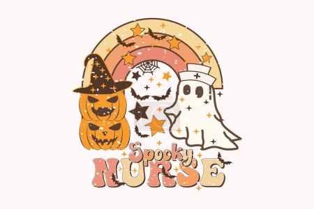 Ilustración de Enfermera espeluznante de Halloween, Plantilla de impresión de camisa fantasma retro, Camiseta, Diseño gráfico, Tazas, Bolsas, Fondos, Pegatinas - Imagen libre de derechos