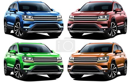 Realistische Vector 3d Isolated Car SUV Farbkollektion umfasst Blau, Rot, Grün und Orange mit Steigungen und Trancperncye mit isometrischer Frontansicht