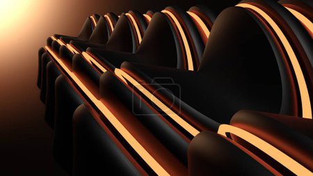 Téléchargez les photos : Un art contemporain de science-fiction comme deux objets en forme de V avec un fond lumineux orange et noir élégant et moderne rendu 3D image. Illustration 3D de haute qualité - en image libre de droit