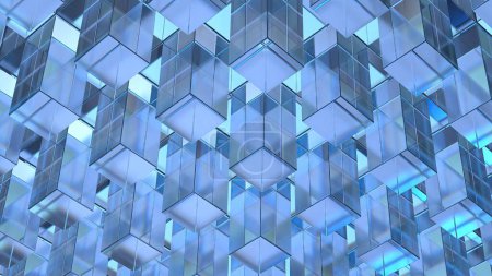 Téléchargez les photos : Réfraction du cube de verre bleu et formes scientifiques de réflexion Elégant rendu 3D moderne Résumé Fond Illustration 3D de haute qualité - en image libre de droit