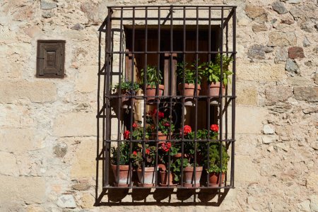 Foto de Window with railings and pots with geraniums in an old stone house in a village - Imagen libre de derechos