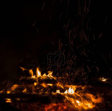Téléchargez les photos : Photo des étincelles en direct-charbons ardents brûlant - en image libre de droit