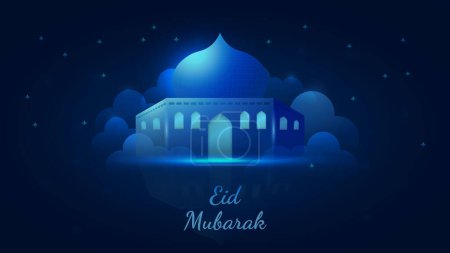 Blue islamic eid mubarak vector festival illustration banner background with mosque