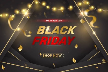 Illustration for Black friday modern promotional sale shopping baclground with glitter confetti and festival lights - Royalty Free Image