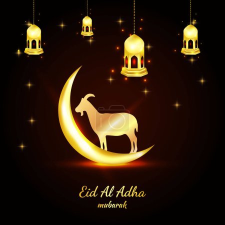 Ilustración de Eid al adha mubarak banner islámico dorado con luces cabra luna vector ilustración banner - Imagen libre de derechos