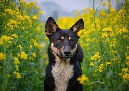 A dog was posing in mustard field.