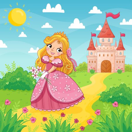 Téléchargez les illustrations : Petite fille mignonne et princesse dans une belle robe rose se tiennent sur un fond de château dans une prairie verte. Illustration vectorielle dans un style de dessin animé - en licence libre de droit
