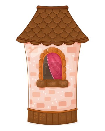 Ilustración de Tower in a cartoon style. Illustration of a cartoon medieval tower of a castle and big window. Cute tower on a white background - Imagen libre de derechos
