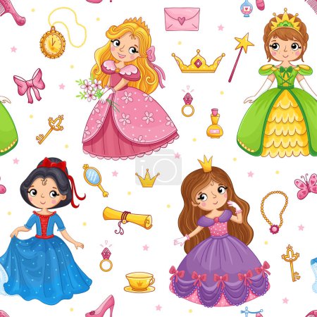 Ilustración de Cartoon seamless pattern with hand drawn cute little princess girl and design elements.. Vector illustration - Imagen libre de derechos