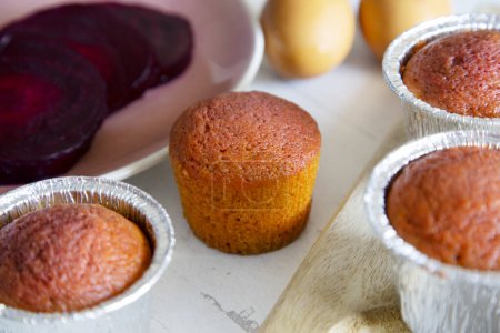 Photo for Beet muffins. Vegan dessert recipe. - Royalty Free Image