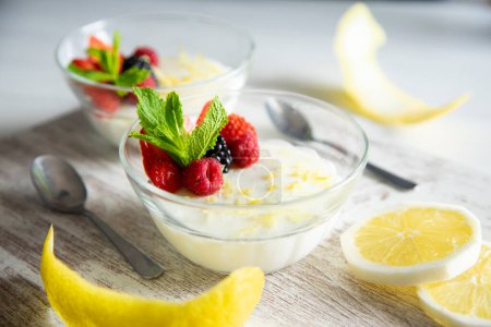 Photo for Cheesecake mousse is a dessert of French origin, whose base is egg white mounted until stiff, or whipped milk cream, which give it a spongy consistency. - Royalty Free Image
