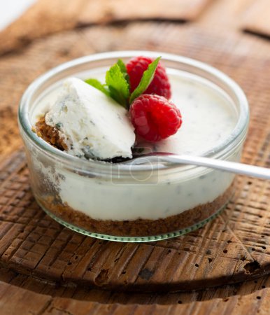 Photo for Cheesecake mousse is a dessert of French origin, whose base is egg white mounted until stiff, or whipped milk cream, which give it a spongy consistency. - Royalty Free Image