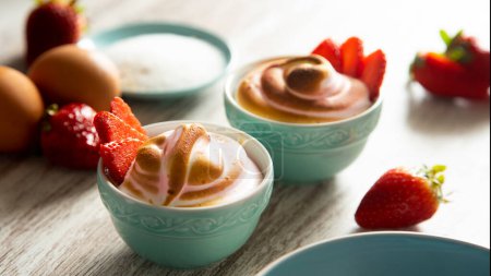 Téléchargez les photos : Baked meringue with strawberries and egg. - en image libre de droit
