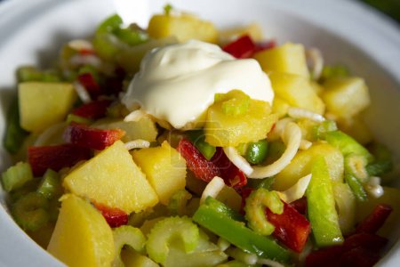 Téléchargez les photos : Salade de pommes de terre, céleri, tomates cerises et mayonnaise. - en image libre de droit
