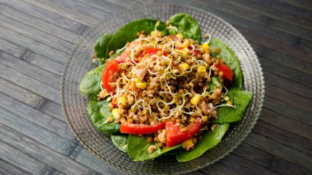 Photo for Delicious and healthy summer salad with lentils and vegetables. - Royalty Free Image