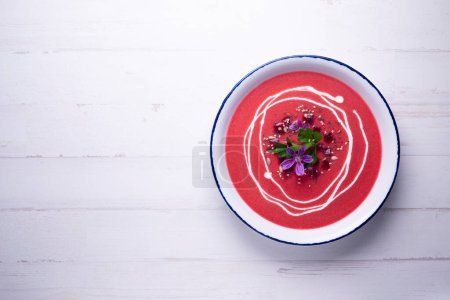 Photo for Cold tomato and beetroot soup. Gazpacho traditional Spanish tapa. - Royalty Free Image