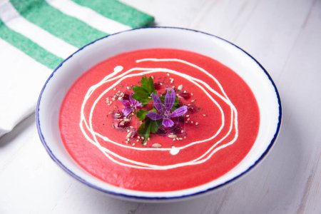 Photo for Cold tomato and beetroot soup. Gazpacho traditional Spanish tapa. - Royalty Free Image