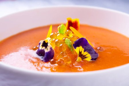 Photo for Gazpacho is a cold soup with various ingredients such as olive oil, vinegar, water, raw vegetables, usually tomatoes, cucumbers, peppers, and garlic. - Royalty Free Image