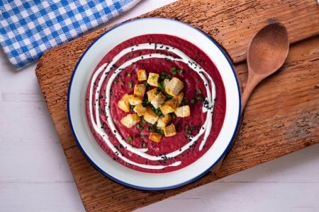 Beet cream with croutons.