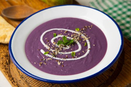Photo for Red cabbage cream with pear and nuts. - Royalty Free Image