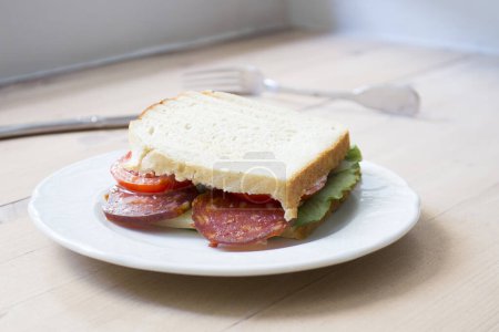 Foto de Delicioso sándwich con corte de salami premium y ensalada. - Imagen libre de derechos