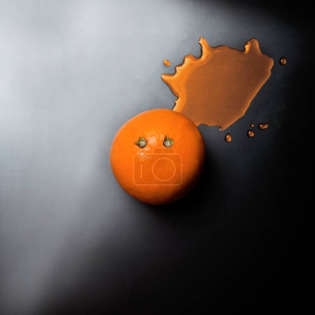 Téléchargez les photos : Une orange avec un visage et une goutte de liquide dessus - en image libre de droit
