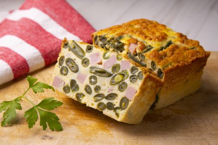 Photo for Egg pudding, green beans and baked ham. - Royalty Free Image