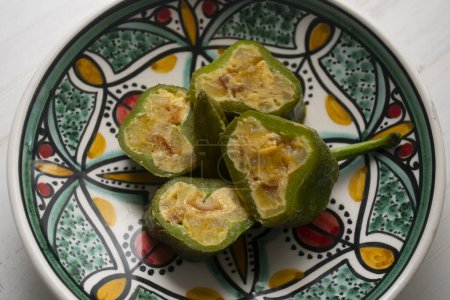 Photo for Italian green peppers stuffed with potato omelette with egg. Traditional Spanish tapa recipe. - Royalty Free Image