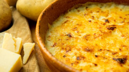 Téléchargez les photos : Soufflé de pommes de terre au four au fromage gratin. - en image libre de droit