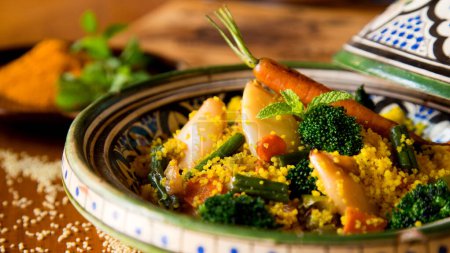 Bunte marokkanische Tajine mit Curry-Cous-Cous mit Tintenfischen, Brokkoli und anderem Gemüse.