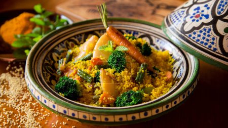 Foto de Colorido tagine marroquí con cous cous curry con calamares, brócoli y otras verduras. - Imagen libre de derechos