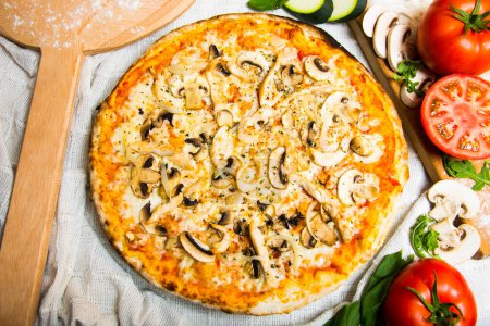 Photo for Mushroom Pizza. Neapolitan pizza with tomato sauce, cheese, ham and mushrooms. Authentic Italian recipe. - Royalty Free Image